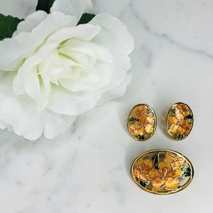 Vintage . Hibiscus Cloisonné Earrings & Brooch Set
